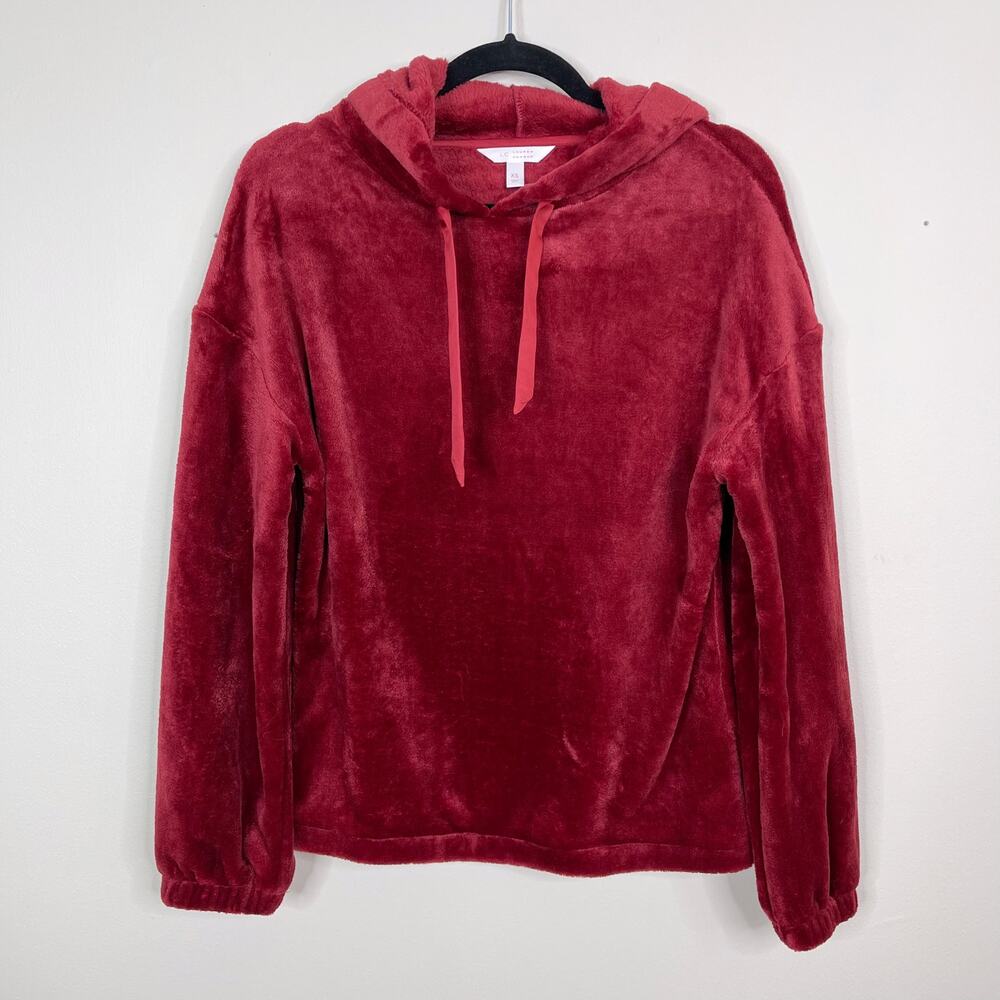 LC Lauren Conrad XSmall XS Red Faux Fur Hoodie Sweatshirt Cozy Lounge Womens